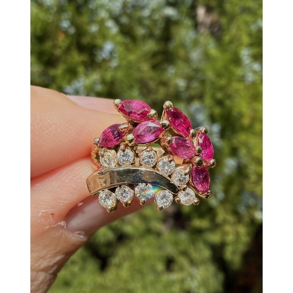 Vintage 14k Solid Gold Natural Marque Ruby & Round‎ Diamond Ring Pave Cluster